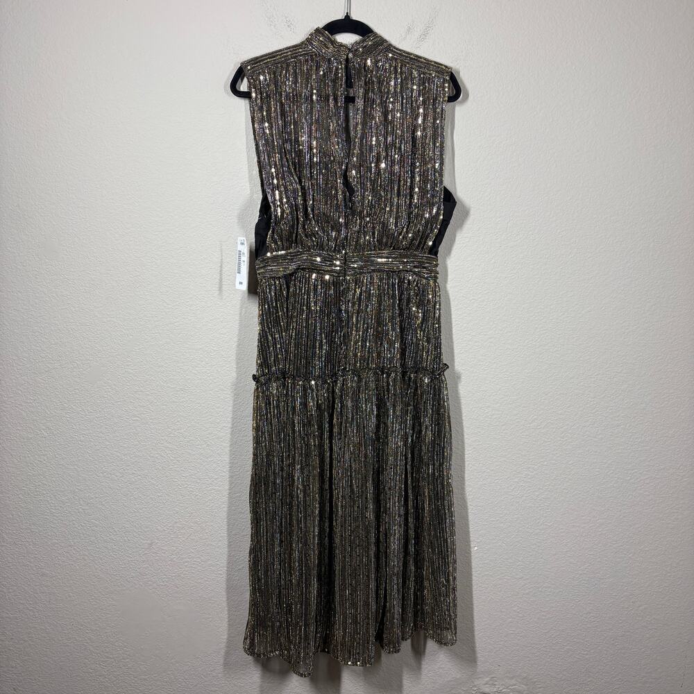 Ina [i:na] Large Metallic Gold Midi Tiered Dress Mock Neck Keyhole Sleeveless - Picture 3 of 10